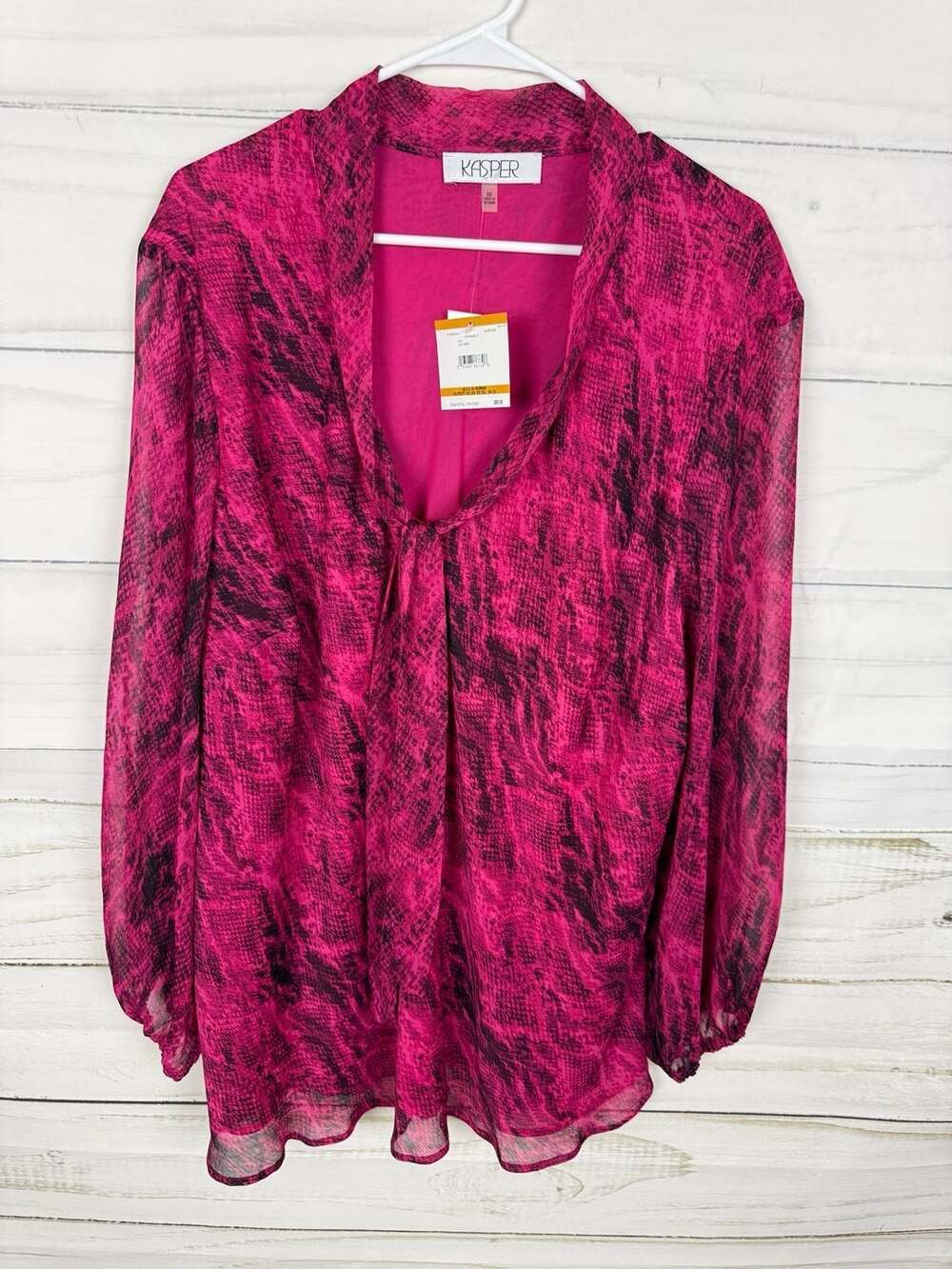 Kasper Women's Pink Black Snake Print Tie Neck Blouse Size 3X